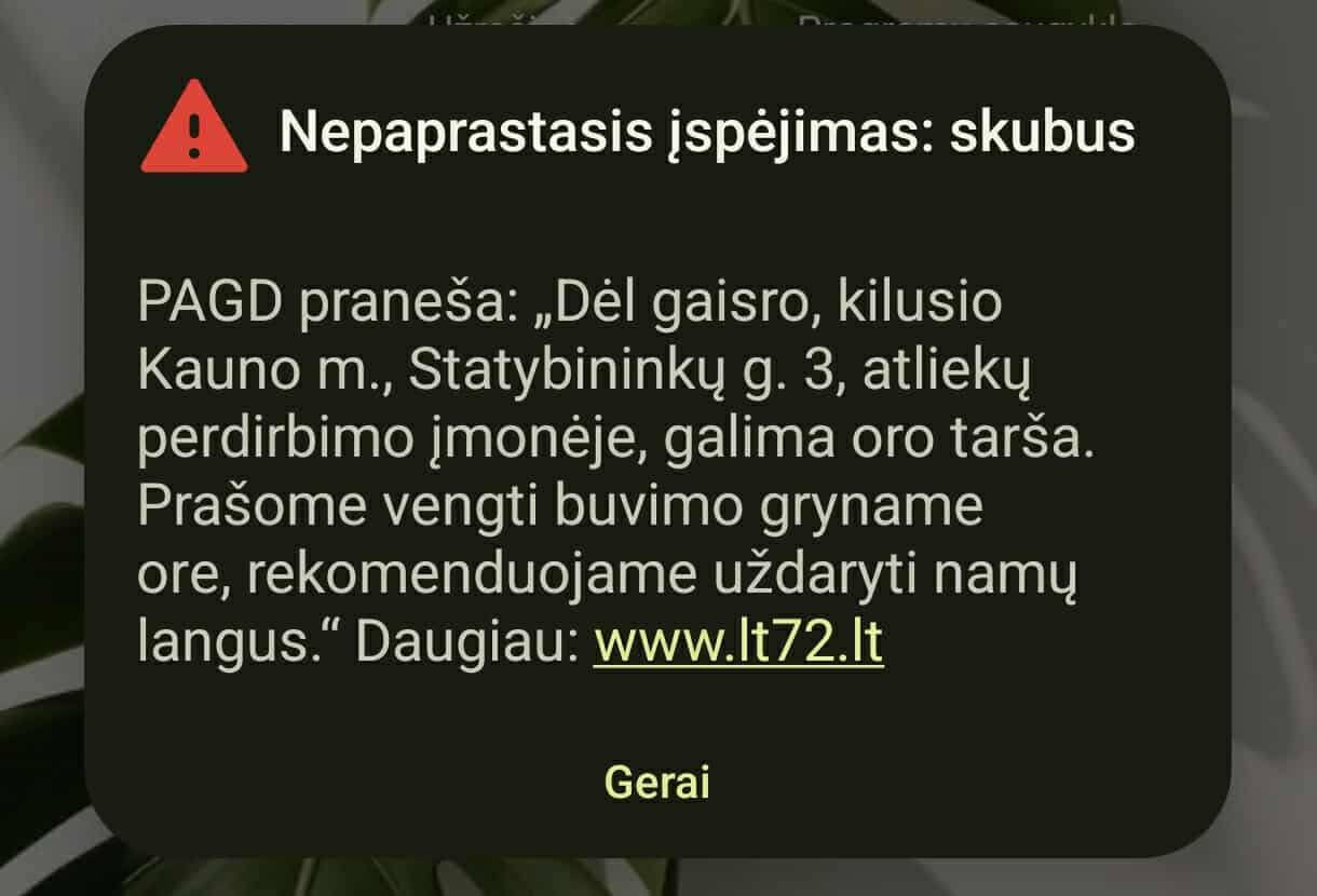 Pranešimas dėl gaisro